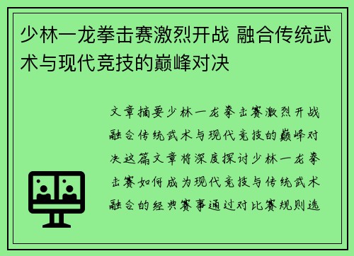 少林一龙拳击赛激烈开战 融合传统武术与现代竞技的巅峰对决